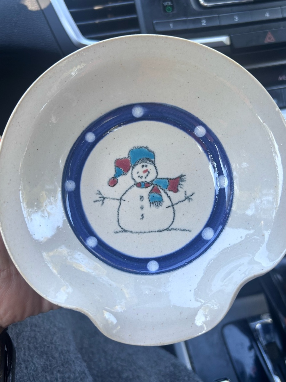 Handmade Snowman Holiday Dish in White & Blue